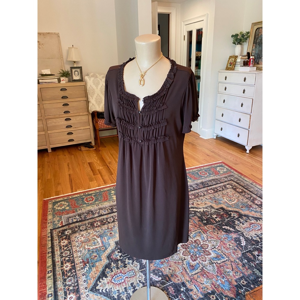 Brown Ruffle Tiered Button Front Short Sleeve Shift‎ Dress